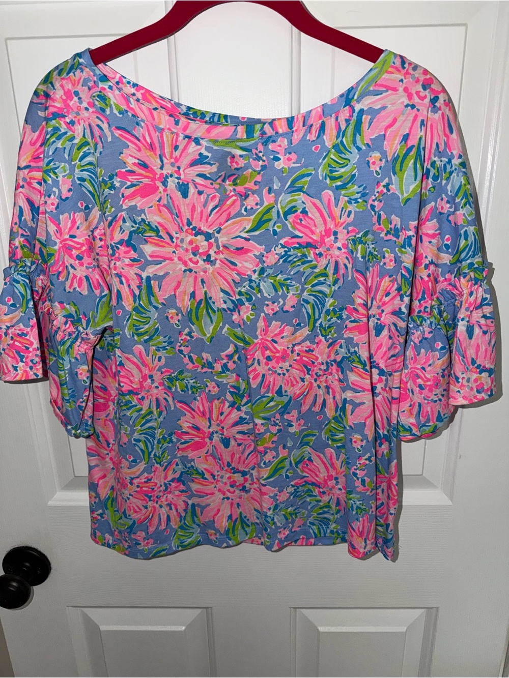 Lilly Pullitzer S/S Willa Flounce Top Floral Pink Blue 100% Cotton Medium